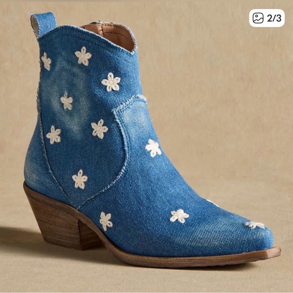 Sundance Shoes - Blue Denim Ankle Boots with Floral Accents